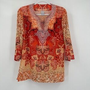 Chicos Womens Boho Peasant Top Size 0 US S Resort Maximalist Eclectic Chiffon